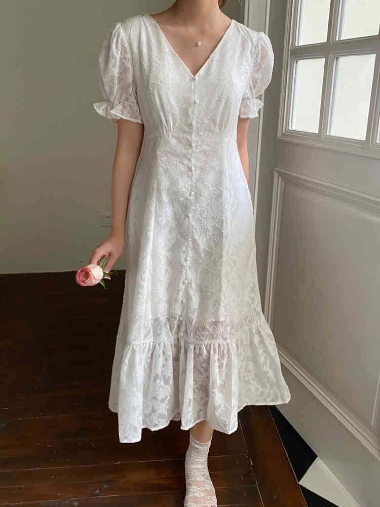 

Arrival V-neck Embossed White Dress Female Summer Puff sleeve High waist Single-breasted Chiffon Mermaid 210525, Black