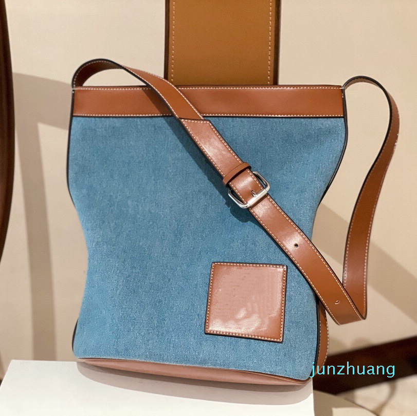 

Designer- Women's Classic Denim Shopping Bag Embossed Spliced Leather Shoulder Bags Large Capacity Simple Handbag Crossbody Pack, Blue