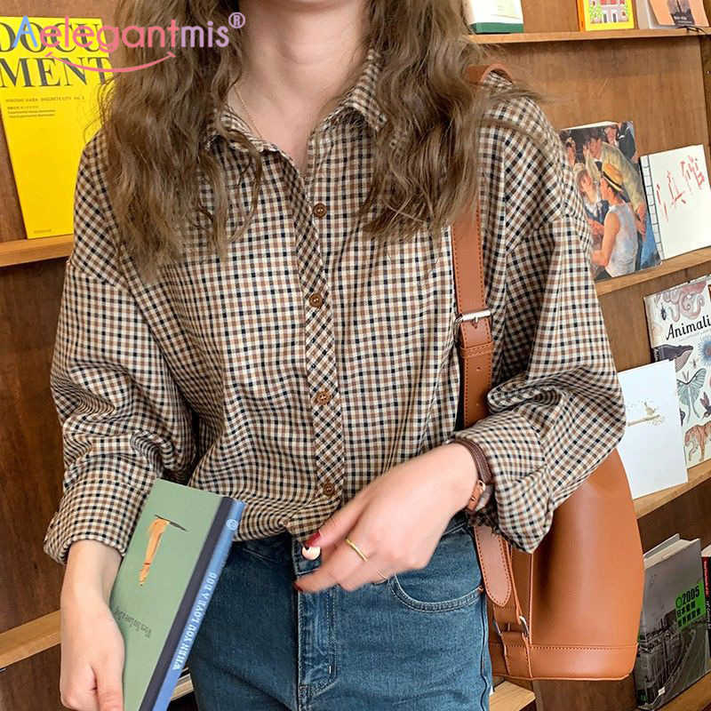 

Aelegantmis Korean Style Casual Loose Plaid Shirt Women Spring Soft Chic Vintage Blouse Female All Match Office Lady 210607, Coffee