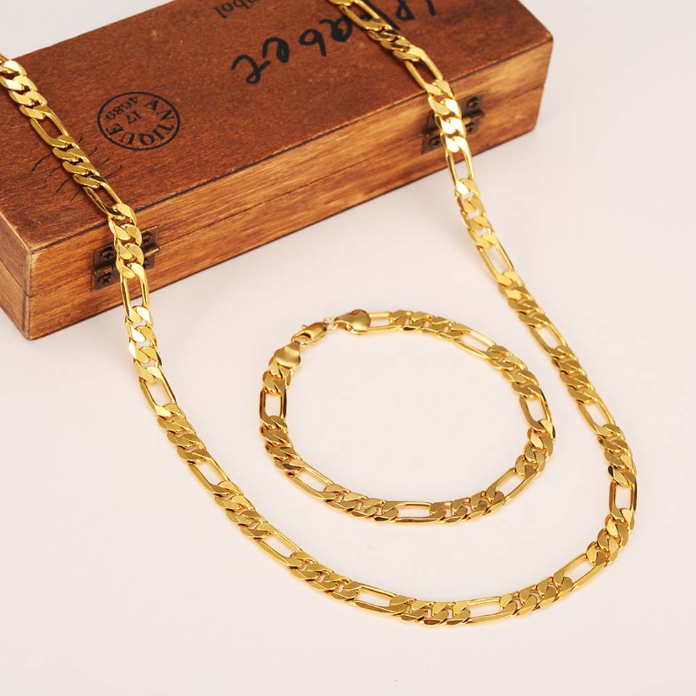 Fashion 18k Yellow Gold C Men's OR Women's Trendy Bracelet 21cm Necklace Set Figaro Chain Watch Link-image-678626738