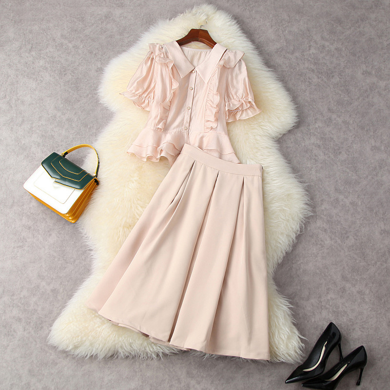

2021 Summer Half Sleeve Lapel Neck Pink Pure Color Single-Breasted Shirt Blouse + Peplum Mid-Calf Skirt Two Piece Suits 2 Pieces Set 21W2712282, White