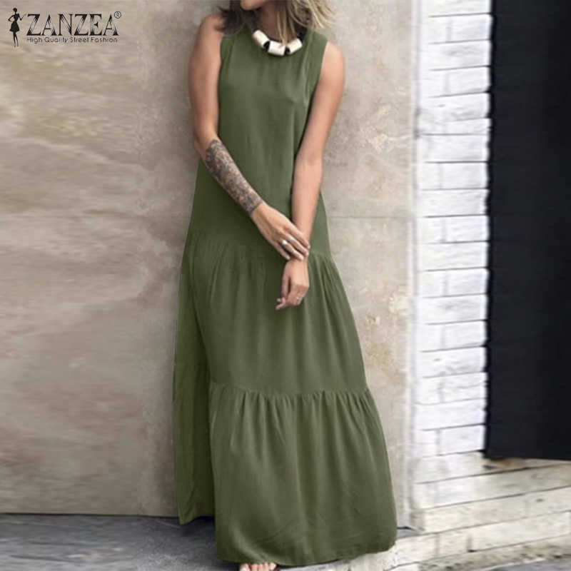 

ZANZEA Women Sleeveless Summer Sundress Casual O Neck Ruffles Holiday Vestidos Kaftan Femme Sarafans Plus Size Maxi Long Dress Q0707, Black;gray
