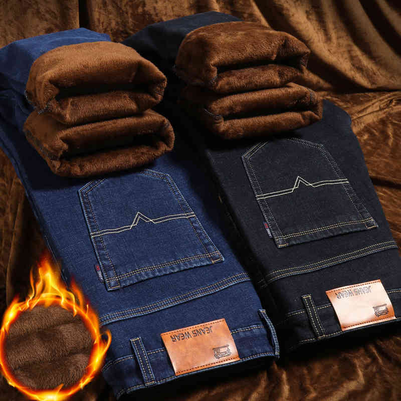 

winter warm autumn non plush regular quality jeans men's casual elastic, Blue