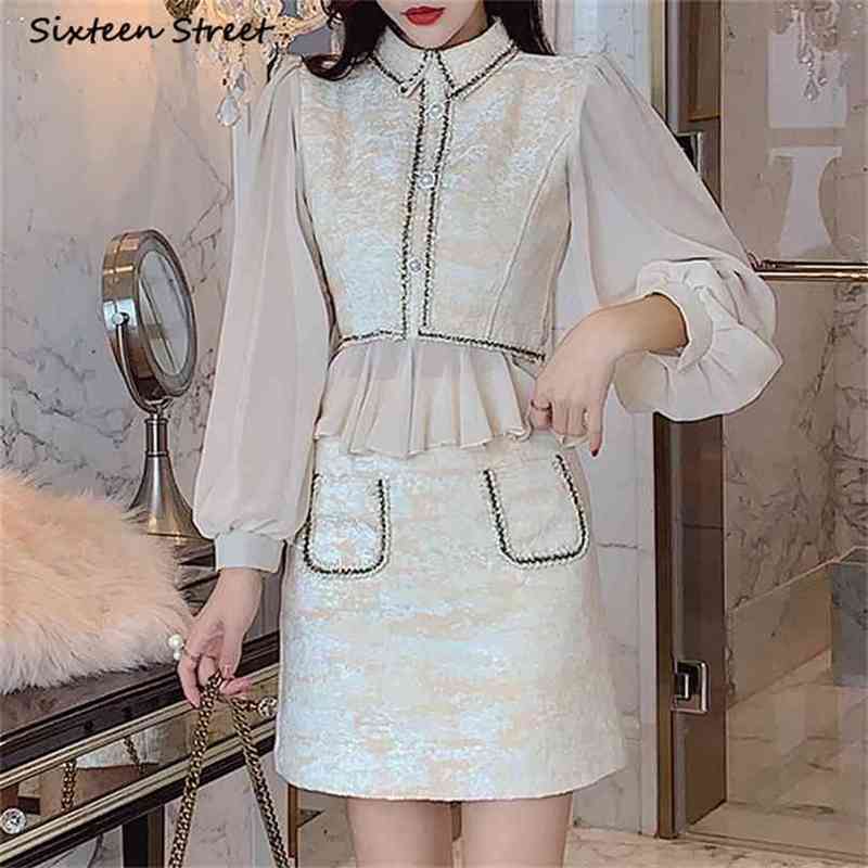 

Vintage Beige Dress Sets Woman Chiffon Zipper Tops + Mini Skirts Spring Autumn Elegant Runway Party 2 Piece Sest Ladies OL 210603, Dark grey