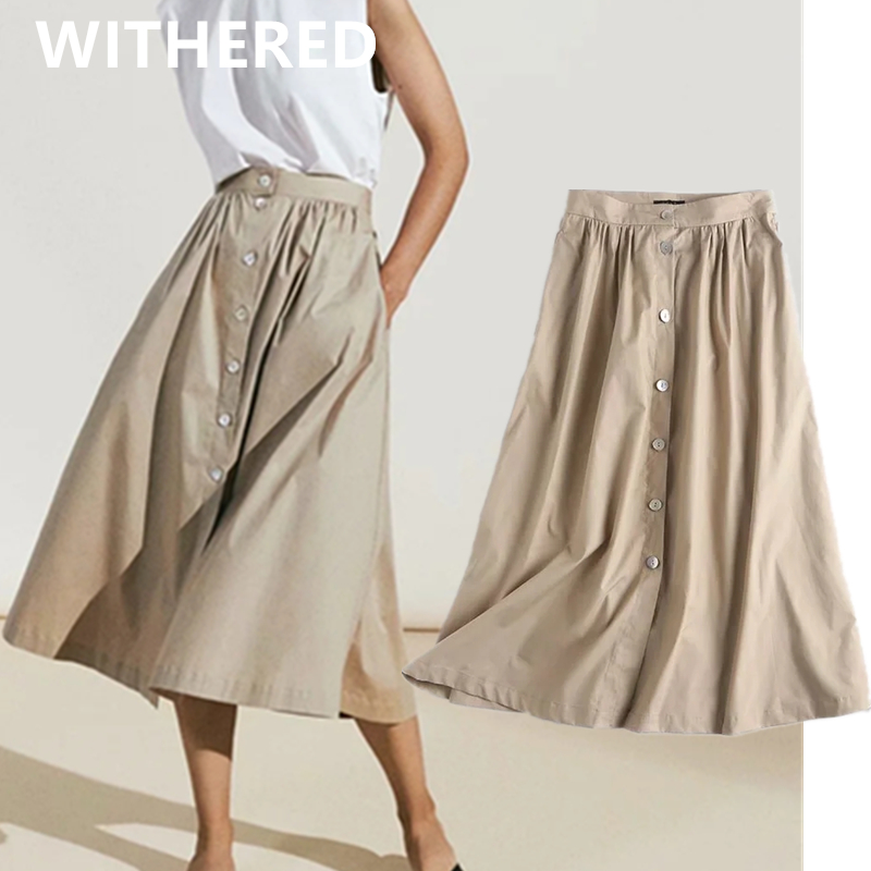 

Withered faldas mujer moda 2021 england style fashion elegant cotton single breasted loose casual skirt women long skirts womens, Khaki