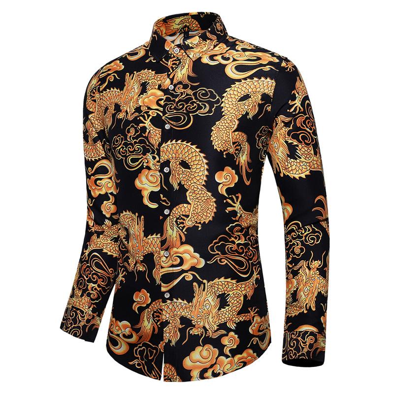 

Men's Casual Shirts Men Chinese Style Dragon Printed Long Sleeve Dress Fashion Holiday Party Man Shirt Camisa Masculina Plus Size 7XL, Black