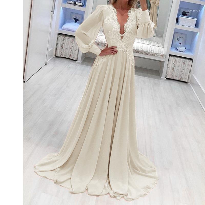 

Casual Dresses Women Long Sleeve Dress V Neck High Street Dance Wedding Prom Party Night Vacation Beach Femme Bridesmaid Chiffon Sexy, Beige