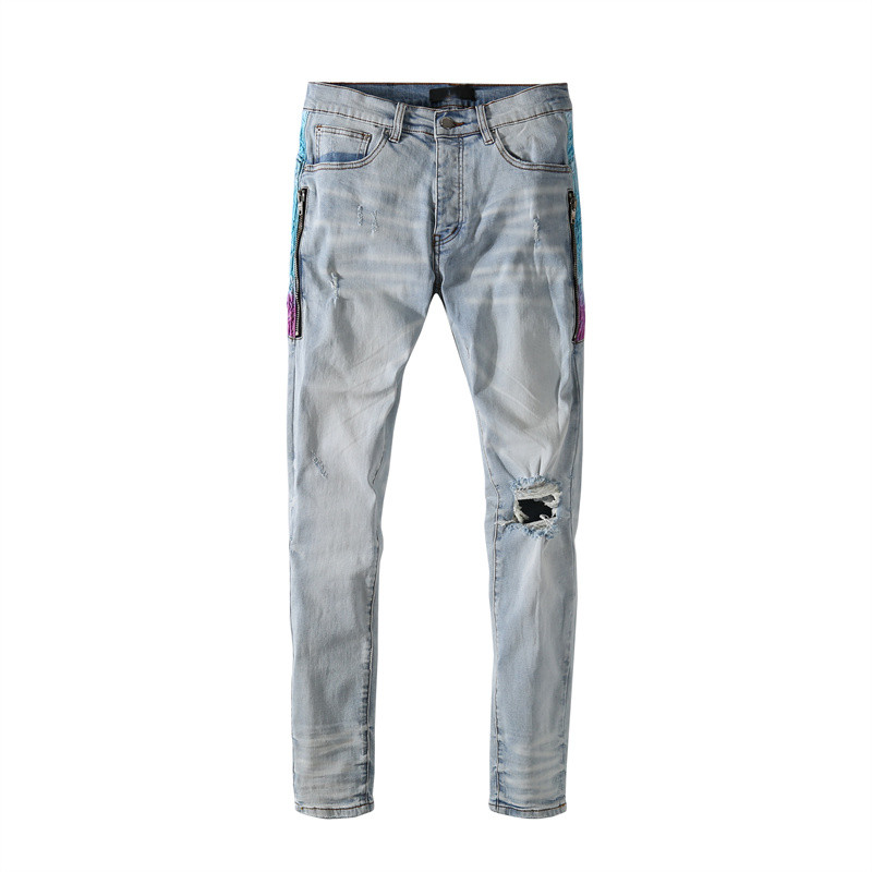 

Mens Jeans Blue Purple broken holes ground wool washed pants European and American fashion