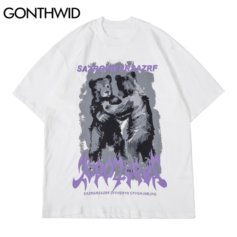 

T-Shirts Streetwear Cartoon Fighting Bears Short Sleeve Tshirts Hip Hop Harajuku Fashion Casual Cotton Loose Tees Tops 210602, Black