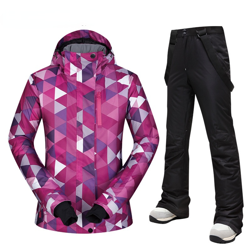 

Ski Suit Women's Suit Korean Style Veneer Double Board Waterproof, Windproof and Warm Purple Triangle Pattern, White