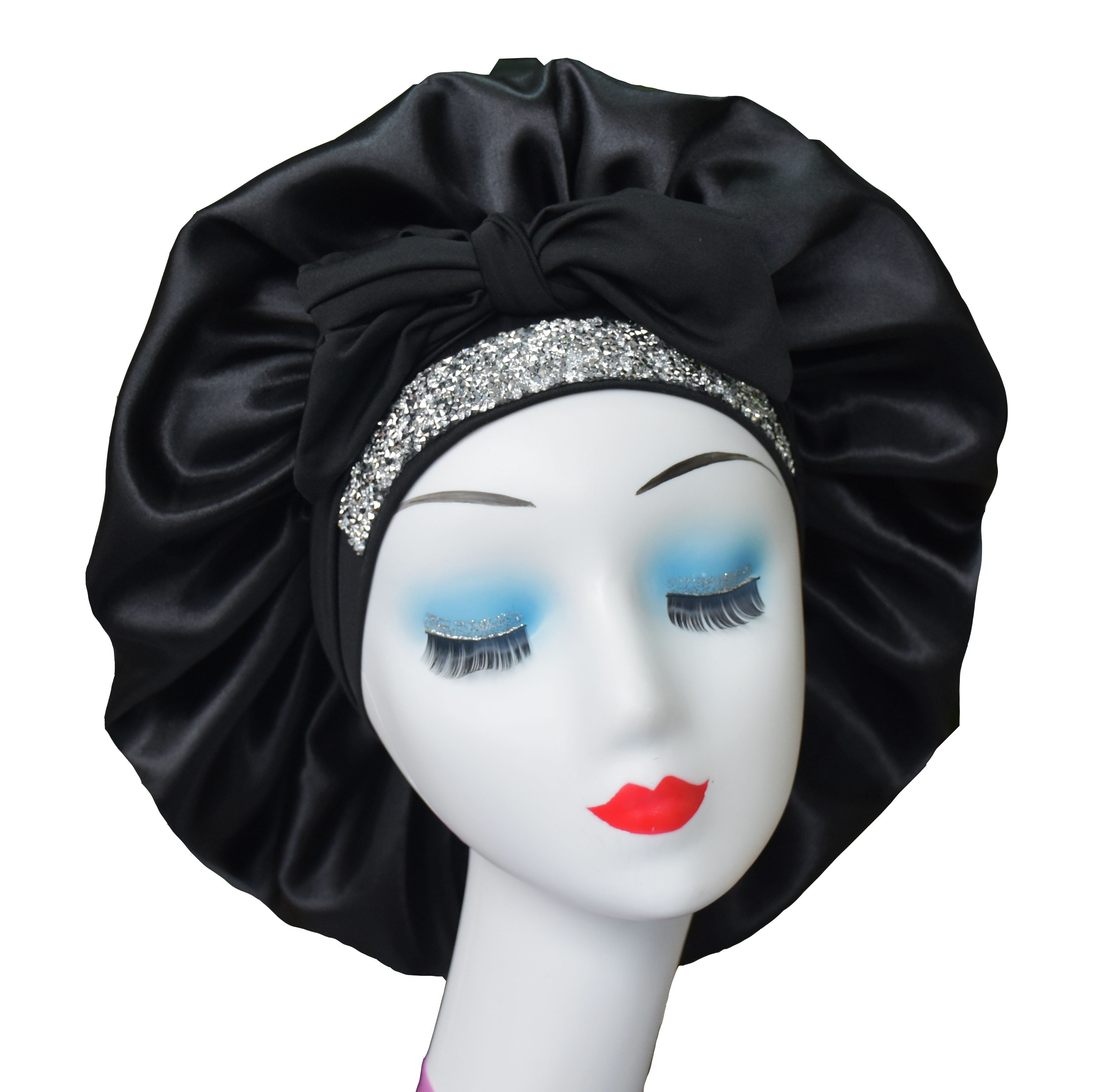 

high quality satin rhinestone luxury bling bonnet hair sleep cap with tie strap