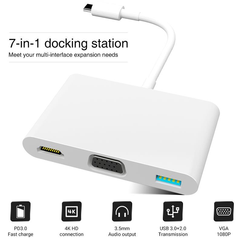 

Hubs PP7A 7 In 1 Type C Hub 4K 1080P -Compatible + VGA PD 5Gbps USB Support 3.5mm Audio Output For Android Phone Computer