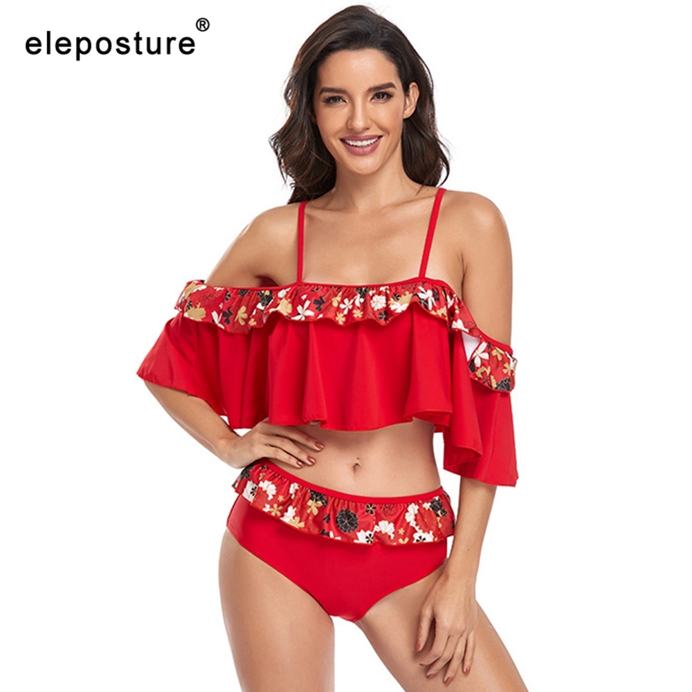 

Sexy Ruffle Bikini Set Women Off Shoulder Swimwear Two Pieces Swimsuit Female Brazilian Bathing Suits Summer Beach Wear 210521, Red