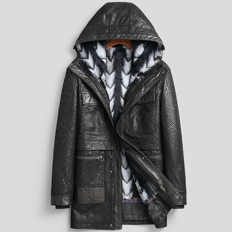 

Winter Coat Mens Genuine Sheepskin Leather Jacket Rabbit Fur Liner Overcoat Windbreakers Jackets Fashion Outerwear Tops Hooded Plus Size Black