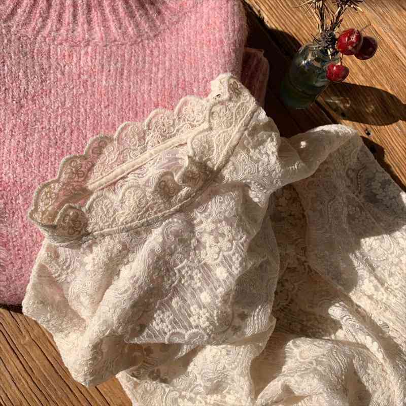 

Lace Bottoming Shirt Womens Western Style Autumn And Winter Korean Blouse With Half-collar Hollow Princess Style Top, White