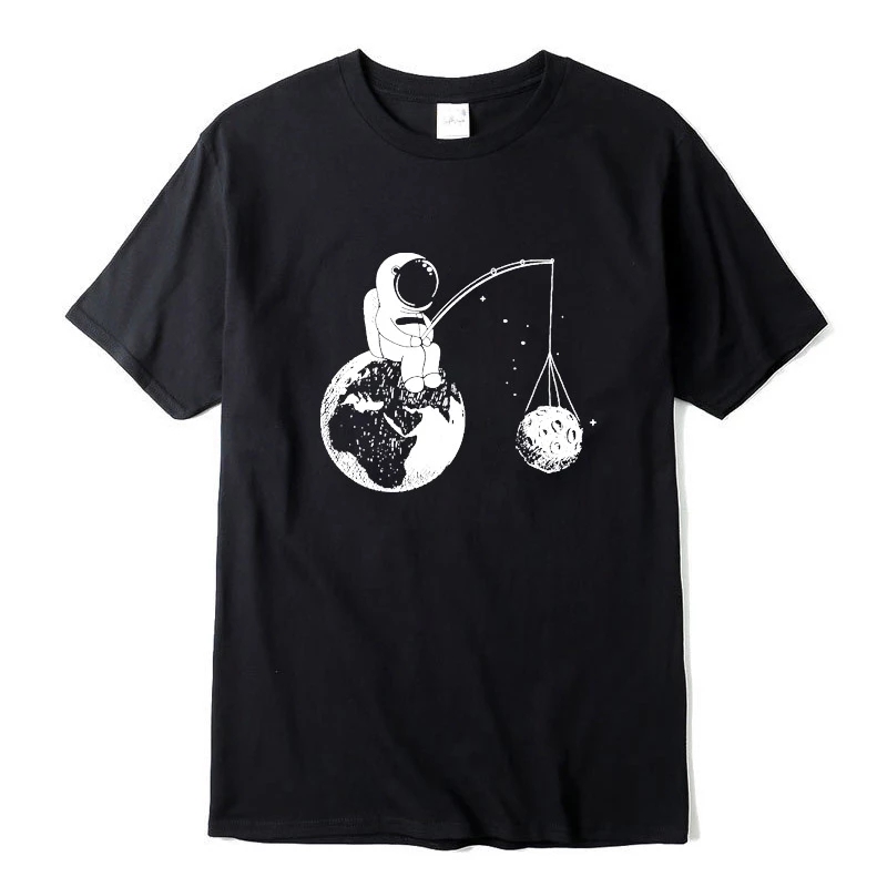 

casual short sleeve Funny design astronaut printing men T shirt o-neck knitted comfortable fabric street t-shirt, Black