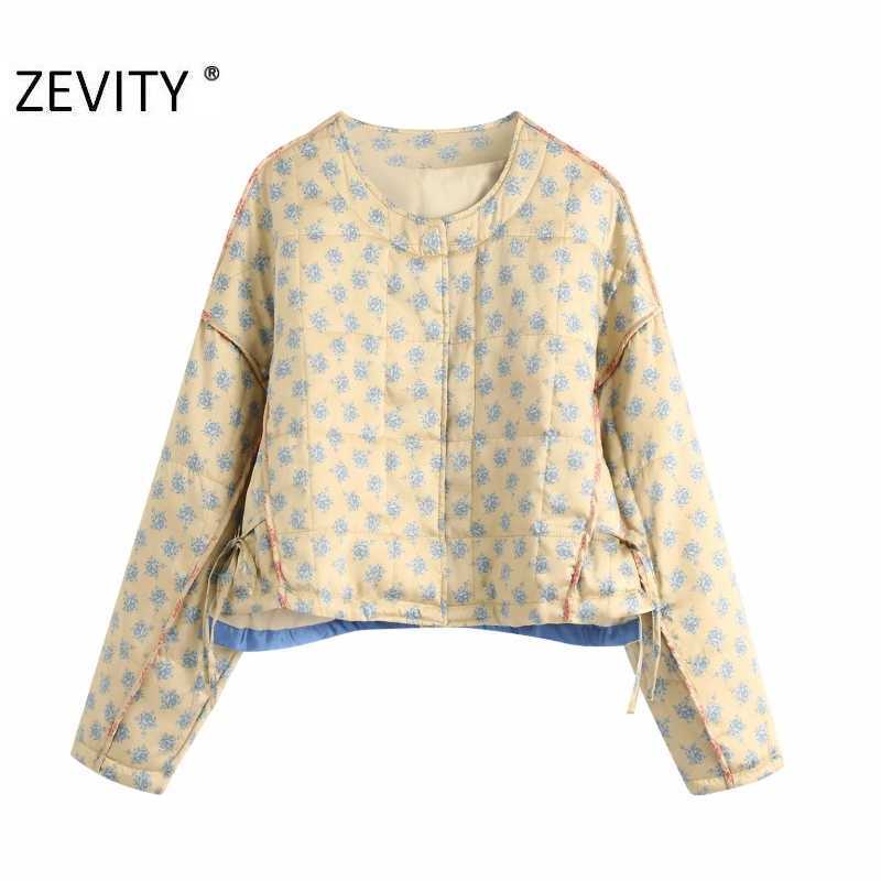 

Zevity Women Winter Floral Printing Cotton Padded Casual Coat Female Long Sleeve Side Lace Up Chic Buttons Jacket Tops CT606 210603, As pic ct606bb