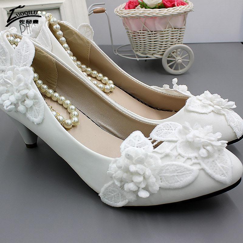 

Dress Shoes White Lace Flower Wedding Woman High Heel Round Toe Slip On Spring Autumn Plus Size 41 42 Woman's Women 2021, White 8cm