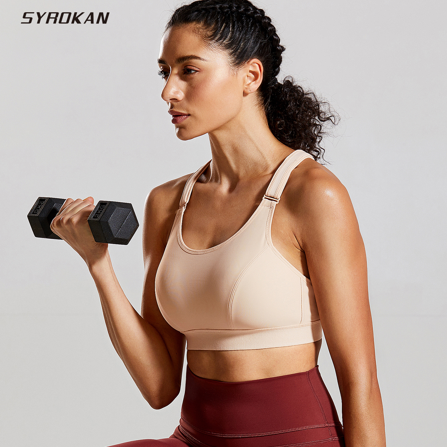 

Sports Bra SYROKAN Women' Front Adjustable Wirefree High Impact Full Support Plus Size, Raw clay03