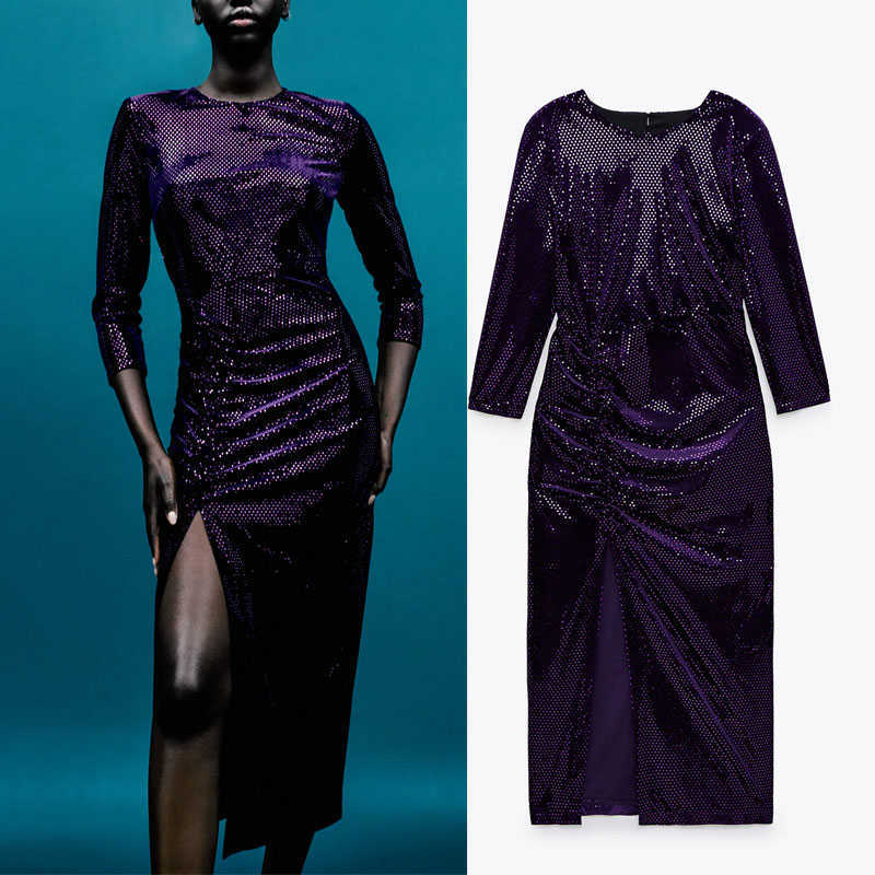 

Za Shoulder Pad Sequin Ruched Dress Women Vintage Backless Long Purple Party Dresses Woman Chic In-seam Zip Elegant Vestido 210602