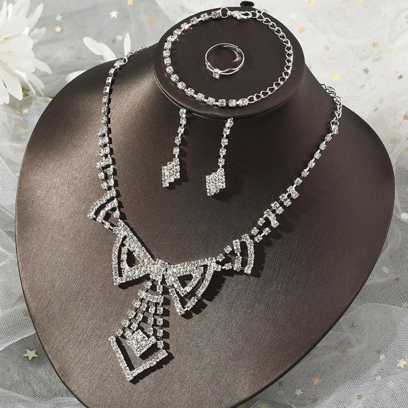 

Earrings & Necklace Wedding Jewelry For Women Full Of Rhinestone Pendant And Bracelet Ring Four-piece Bridal Wholesale, Silver