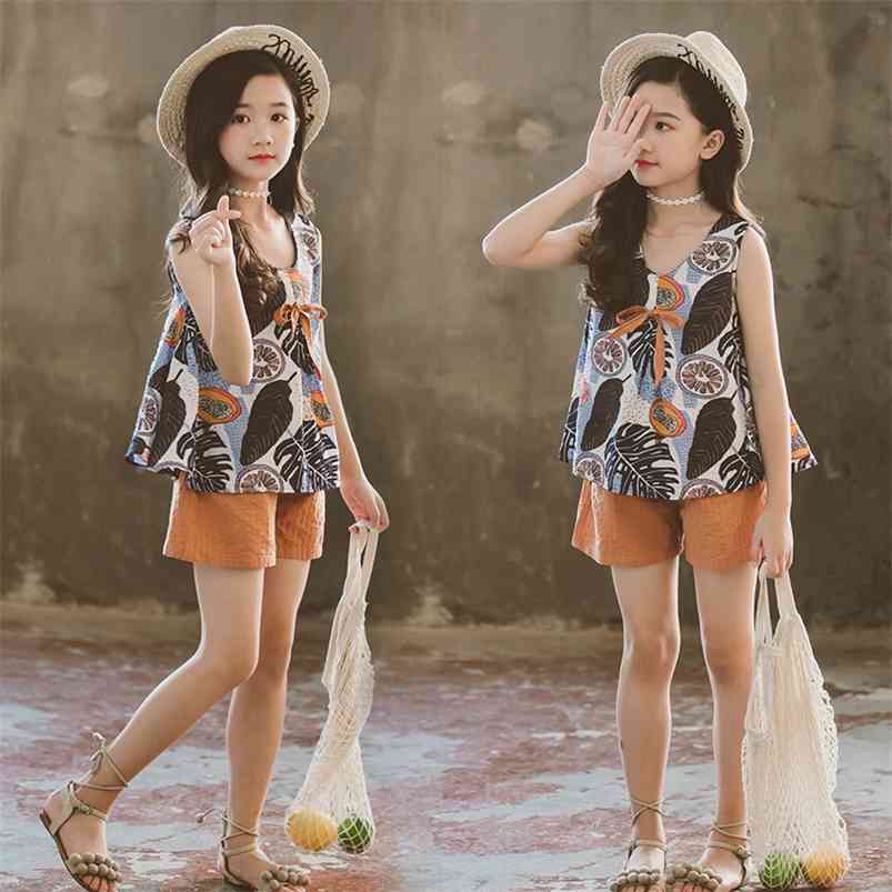 

Summer Children Sets Casual Short Sleeve Print Leaves Tops Brown Solid Shorts 2Pcs Girls Clothes 3-12T 210629, Blue