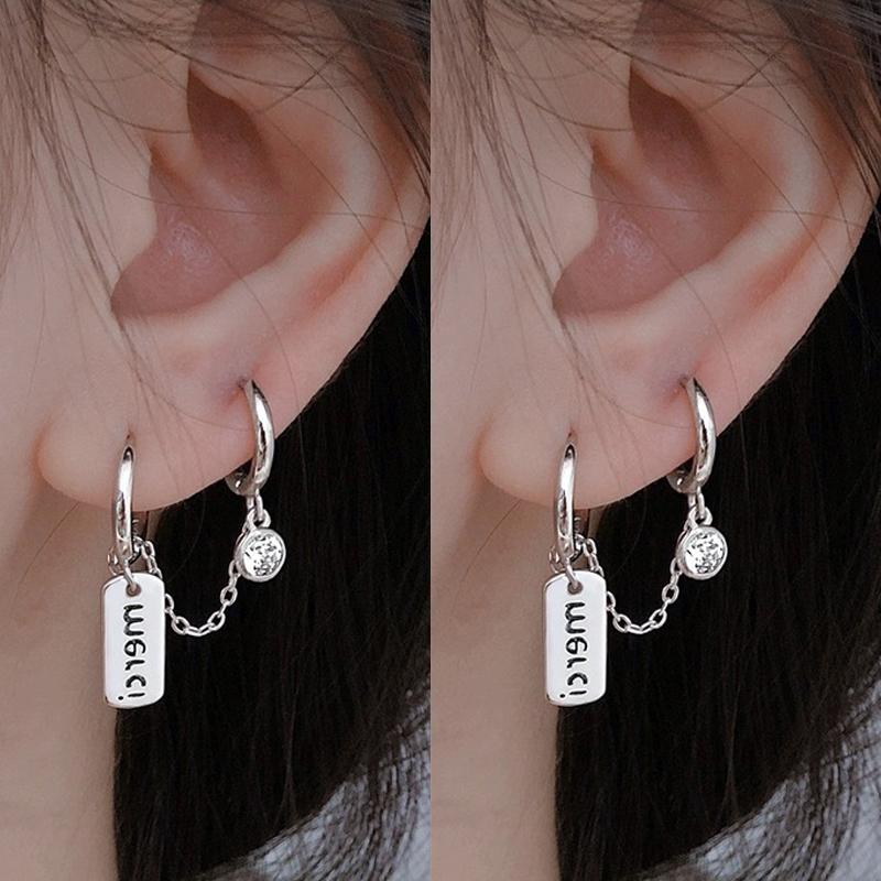 

Dangle & Chandelier Two Hole Piercing Earrings For Women Girls White Zircon Chain Ear Buckle Letter Earring Party Korean Fashion Jewelry, Silver