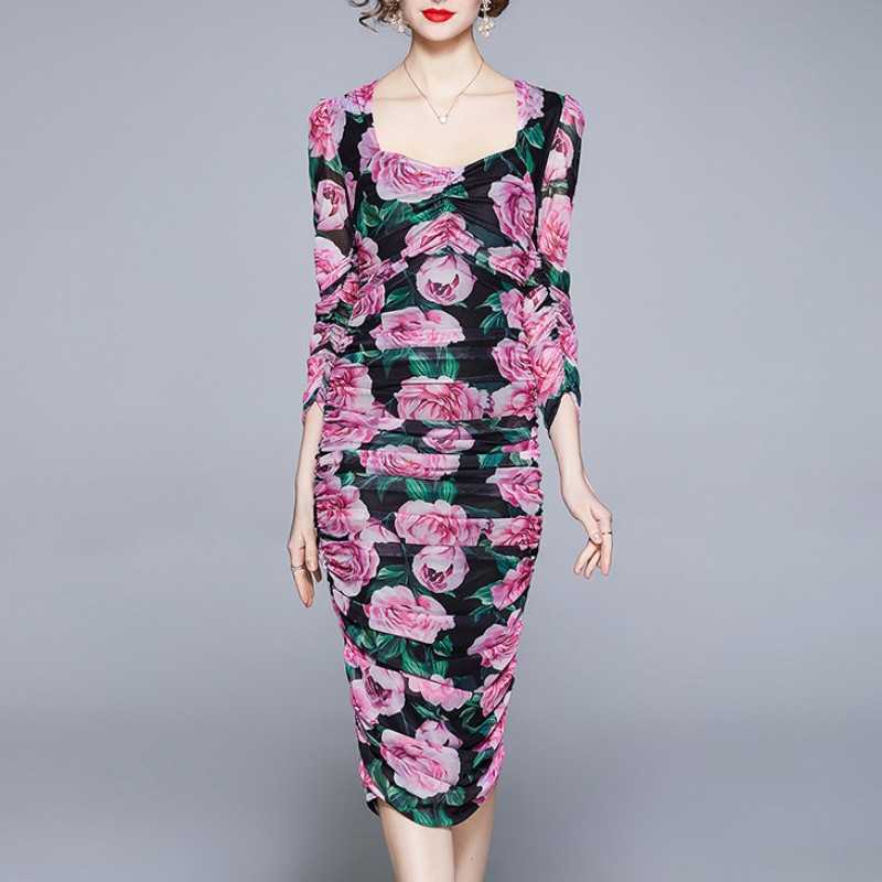 

Spring Elegant Party Lady Vestidos Women Sexy Mesh Floral Printed Bodycon Slim Draped pencil Dresses Robes 210526, Photo color