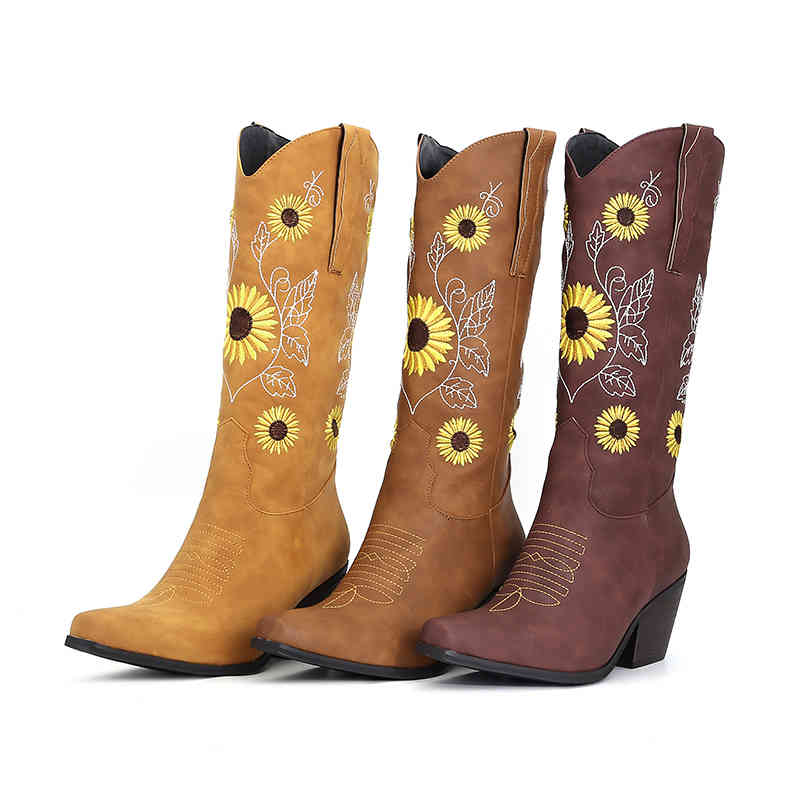 

boots mid-calf women boots european and american retro-western autumn knigh 3 color available embroidered flowers skhh, Black