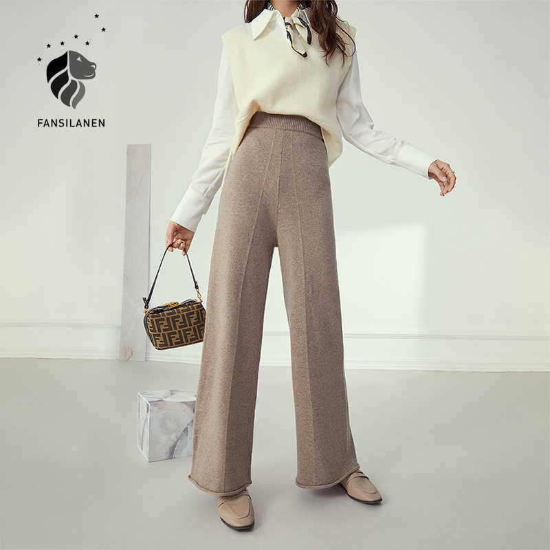 

FANSILANEN Wide leg casual knitted pants Women elastic wool loose autumn winter trousers Female pleated vintage 210607, Khaki