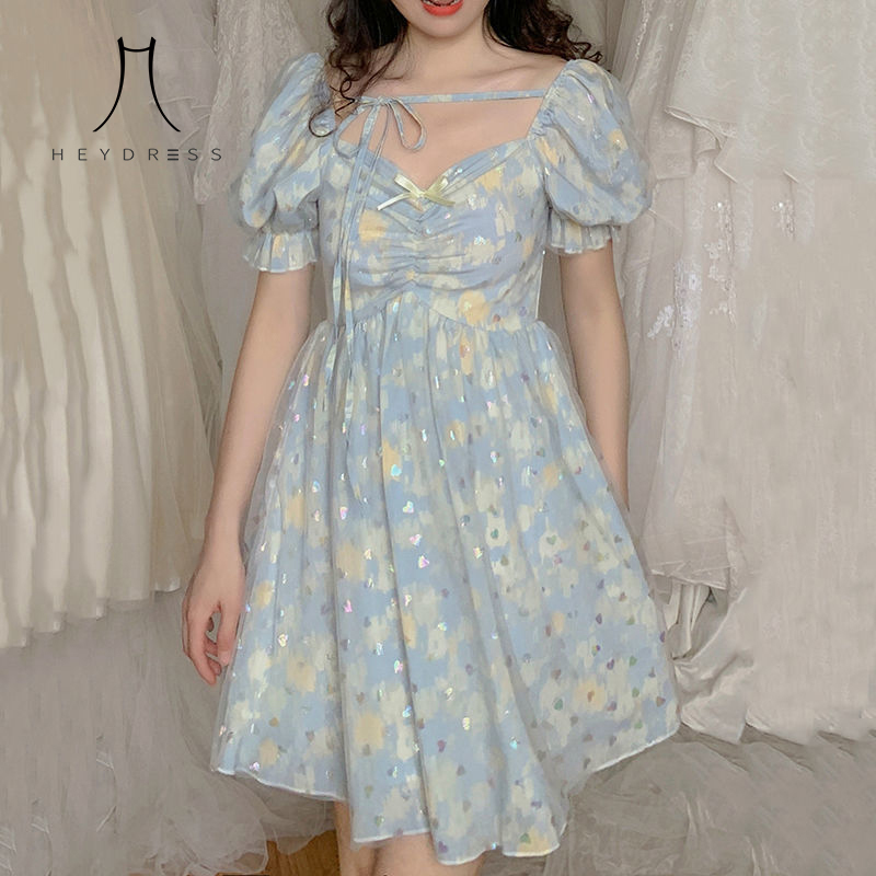 

Floral Design Party Fairy Dress Summer Sexy French Kawaii Sweet Women Short Sleeve Lace-up Elegant 210517
