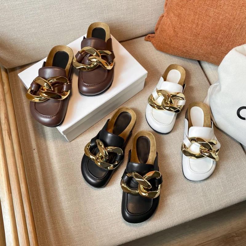 

Brand Women Slipper Big Gold Chain Decor Mules Shoes Slip On Flat Heel Lazy Loafer Casual Outdoor Slides Flip F Slippers, Black