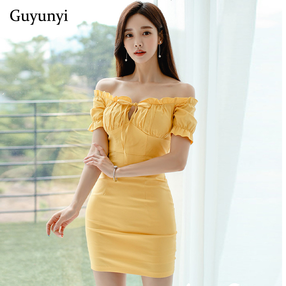 

yellow korean version high street dress 2021 summer elegant folds slash neck off the shoulder high waist tight dress women, Black;gray