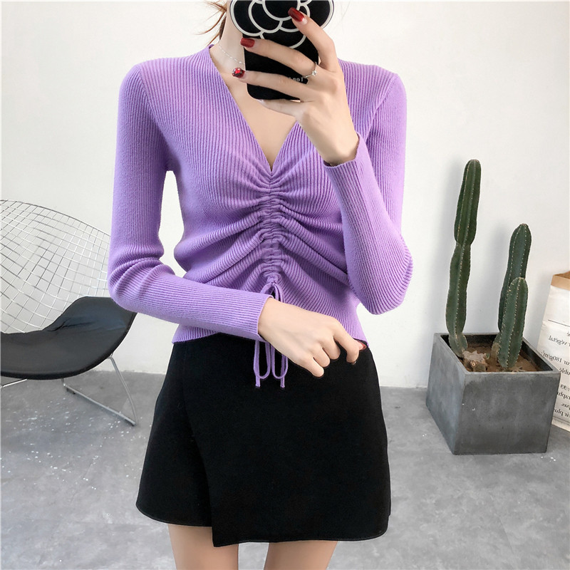

Knitted Bottoming Top women's long-sleeved Autumn Winter Fashion Slim Drawstring Chic V Neck Sweater Female 210520, White