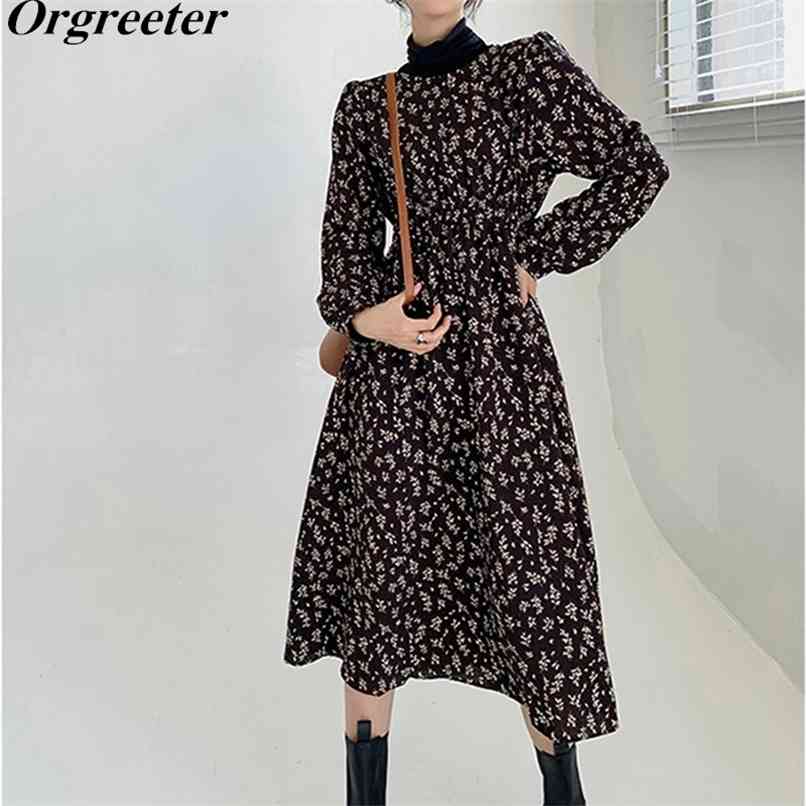 

French Retro O-neck Bottoming Gentle wind Floral Printted Chiffon Dress Long-sleeved Elastic waist A-line Casual 210602, Brown