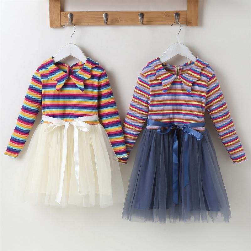 

Girl's Dresses 18M-6Y Infant Kids Baby Girls Ribbed Colorful Rainbow Mesh Dress Long Sleeve Bowknot Princess Gown, Red;yellow