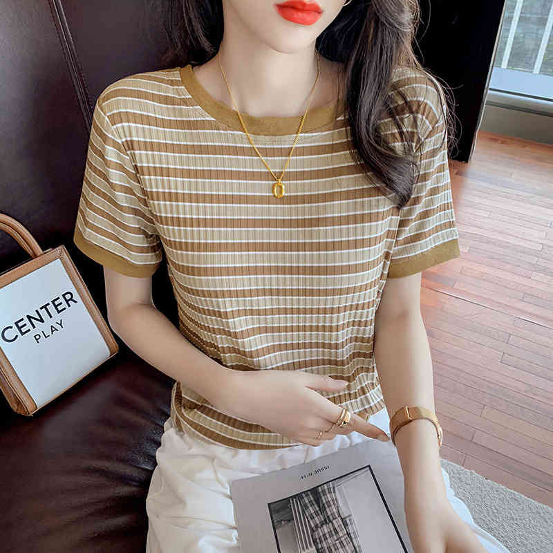 

Simple Basic Large Round Neck Short Sleeve Stripe T-shirt Womens Summer Korean Fashion Loose Casual Pullover T-shirts, White