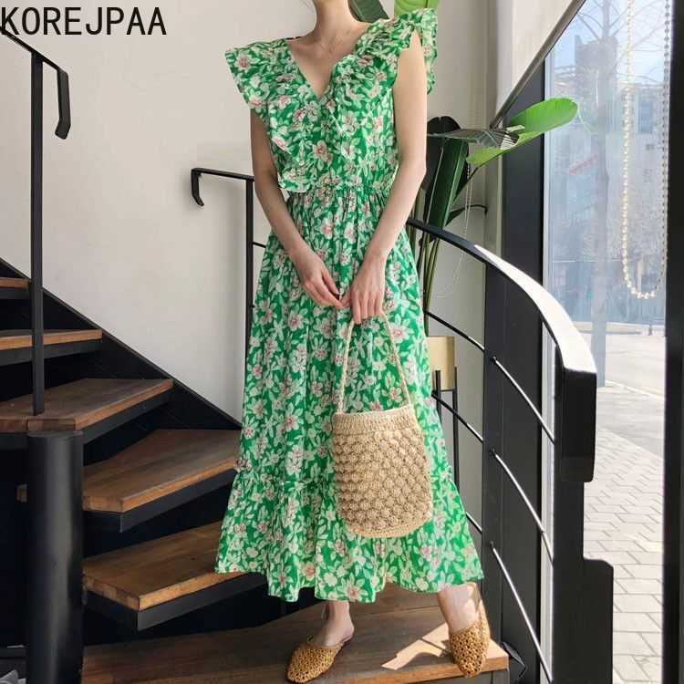 

Korejpaa Women Dress Summer Korean Chic Sweet Female V-Neck Ruffled Stitching Back Lace Hollow Flying Sleeve Floral Vestido 210526, Blue