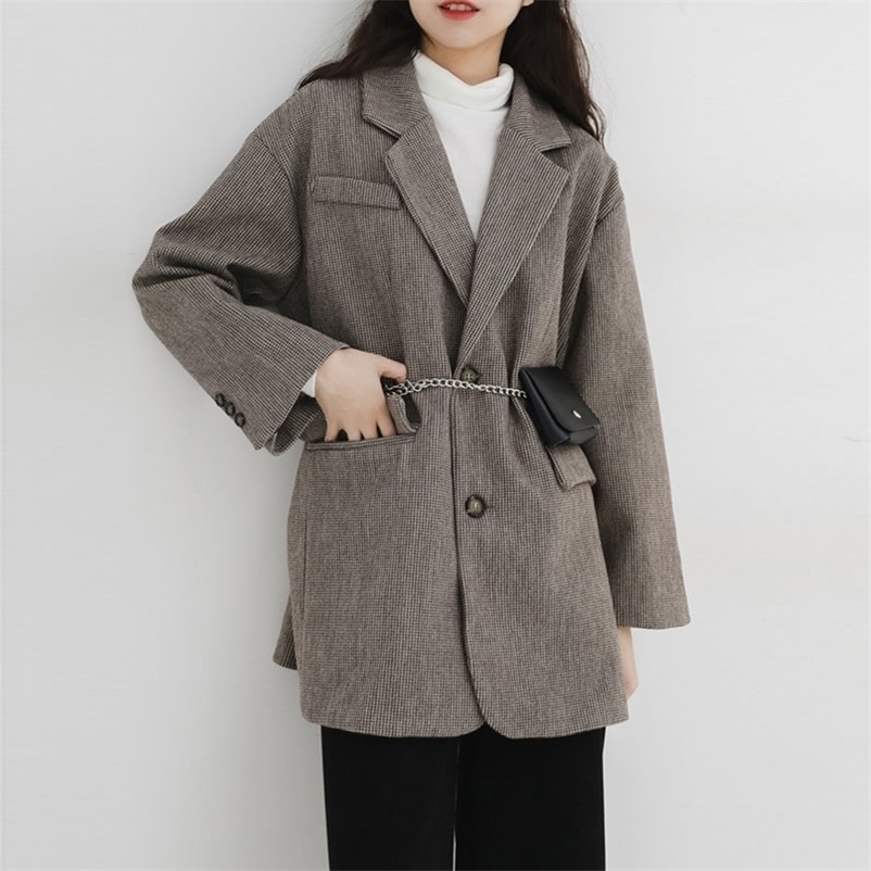 

Fashion Autumn Women Plaid Blazers Vintage Work Office Lady Loose Single-breasted Business Female Blazer Coat Talever Outwears 210517, Brown with bag