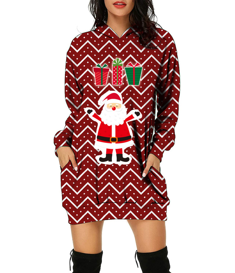 

2021 Fall Winter Christmas Printed Long Sleeve Loose Sweater Women'S Sweatshirt Dress, Black