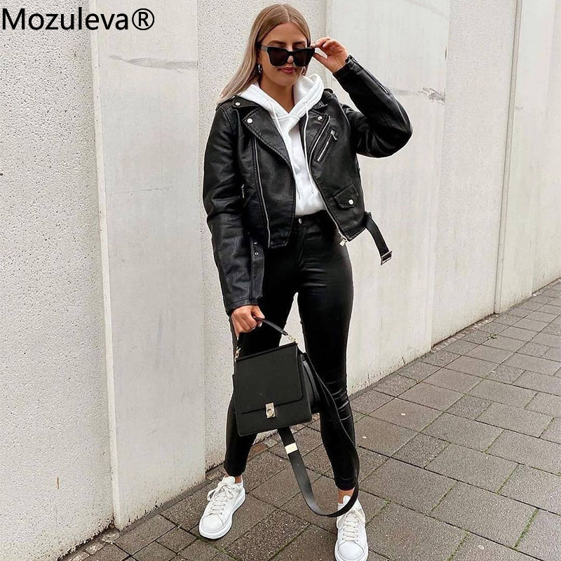 

Mozuleva Winter Coat Retro High Street Turn-down Neck Women PU Leather Jacket Short Black Faux Female Loose
