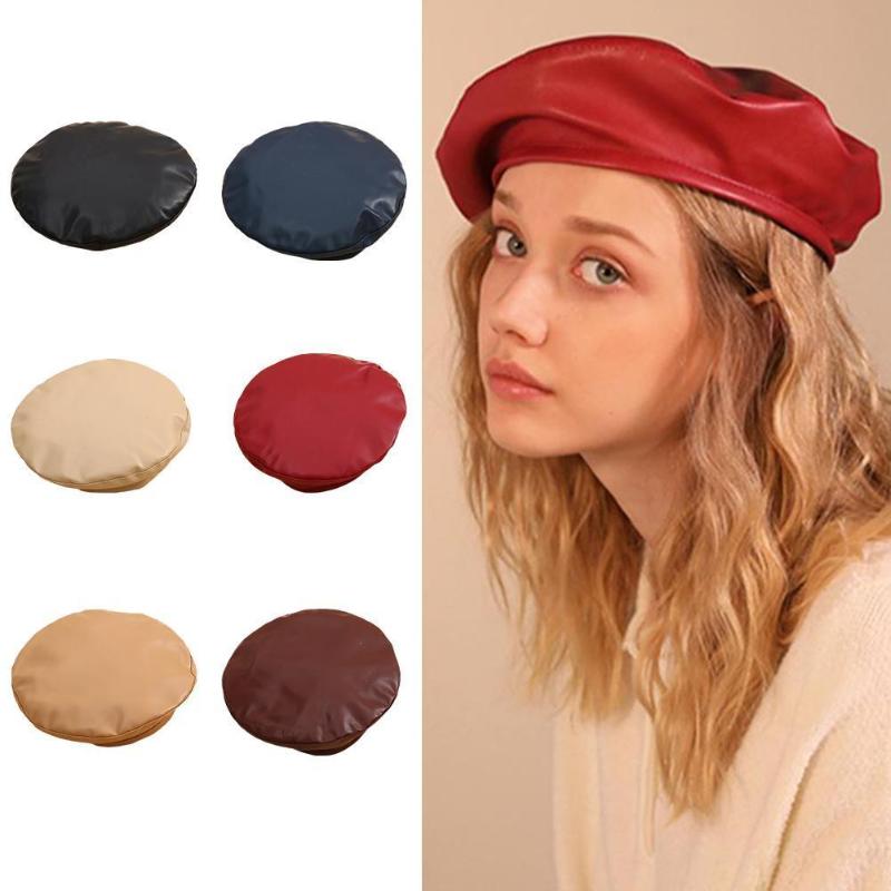

Berets Women Fashion Beret Cap Pu Leather French Artist Warm Beanie Hat Female Ladies All-Match Adjustable