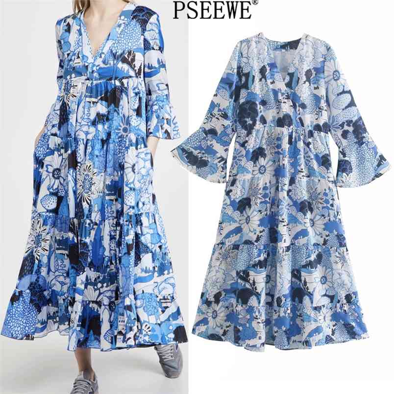 

Blue Floral Print Midi Dress Women Fashion Ruffle V Neck Woman Long Summer Chic Casual Cottagecore 210519