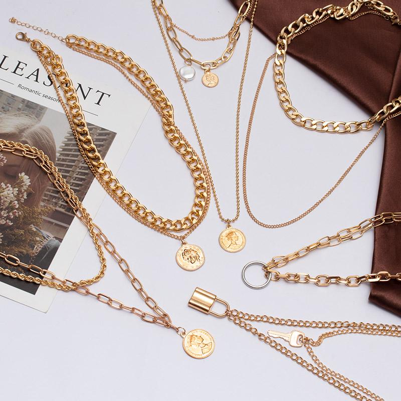 

Pendant Necklaces Punk Fashion Gold Color Multilayer Chain Necklace For Women Round Portrait 2021 Trend Goth Jewelry Gifts, Silver