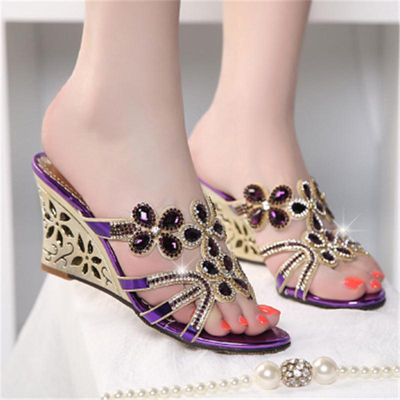 

Slippers Women Sandals Fashion High Heels Summer Shoes Open Toe Platform Cutout Flower Wedges Rhinestone Woman A056 Slides Rubber, Gold