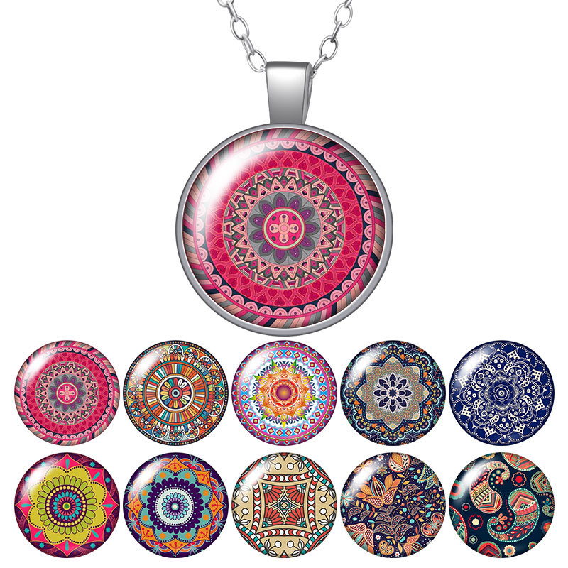 

Patterns Flower Pattern Dots Printings Round Pendant Necklace 25mm Glass Cabochon Silver Plated Jewelry Women Birthday Gift 50cm