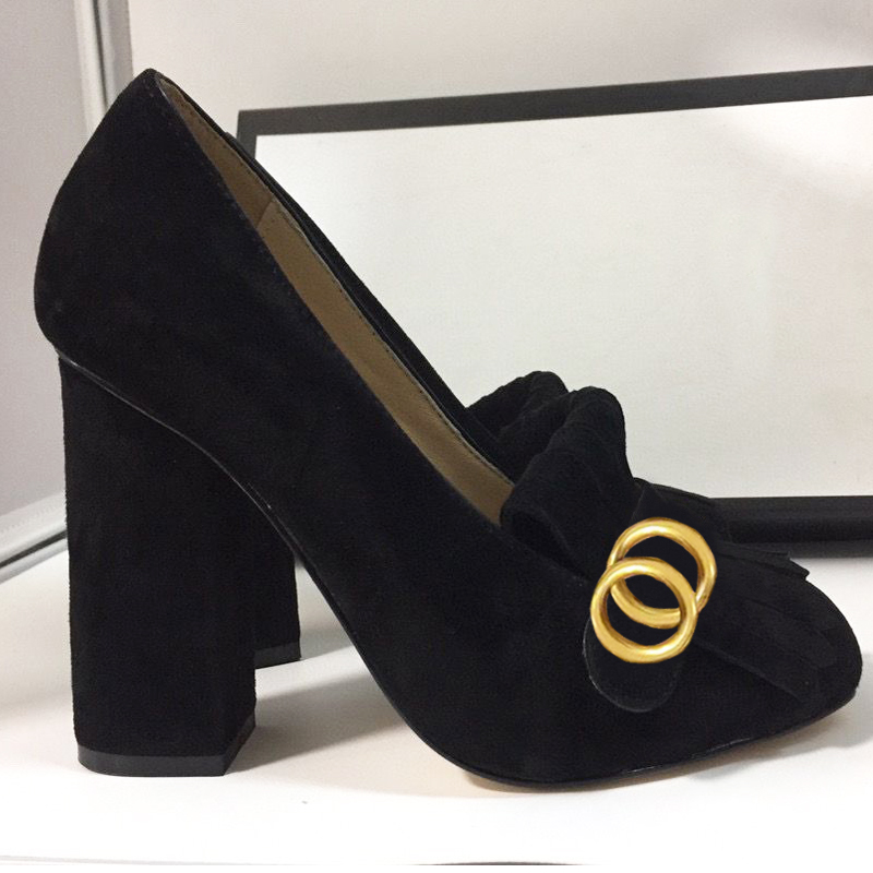 

Classic Mid heeled boat shoe Suede Designer shoes leather Thick heel high heels 100% cowhide Tassels Round head Metal Button women Dress shoes Large size 34-42 us5-us11, Gold