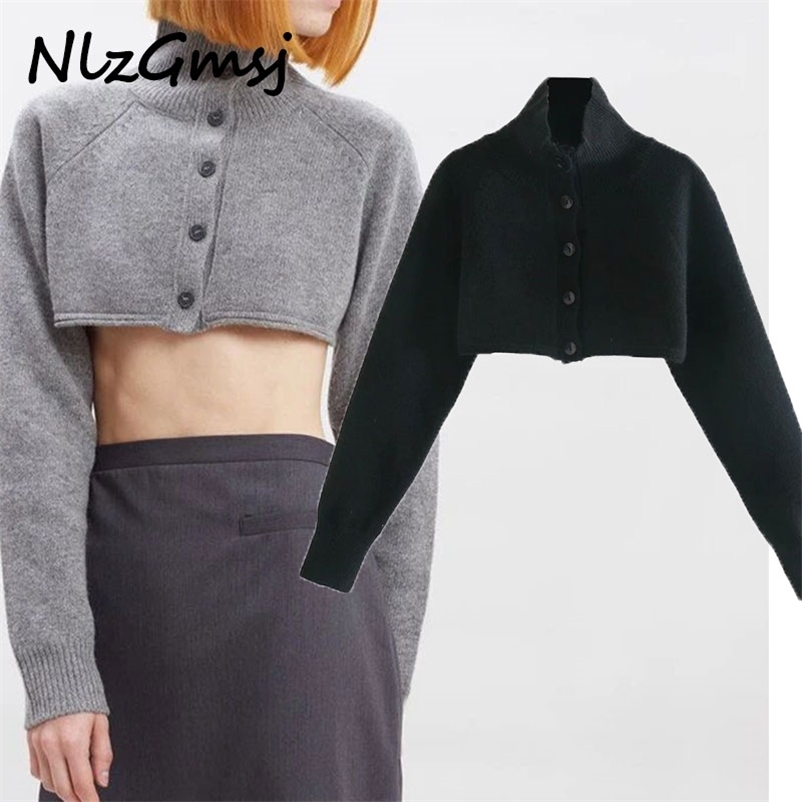 

Sweater Women Grey Turtleneck Sweaters Ladies Solid Knitted Short Tops Streetwear Female Chic Button Pullovers 210628, As picture