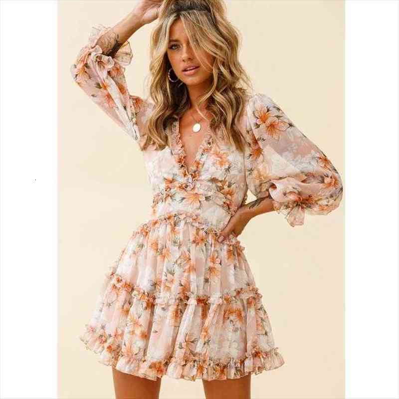 Floral Ruffle Long Sleeve Frill Womens Dresses Neck Sexy Party Backless Ladies Beach-image-713383793