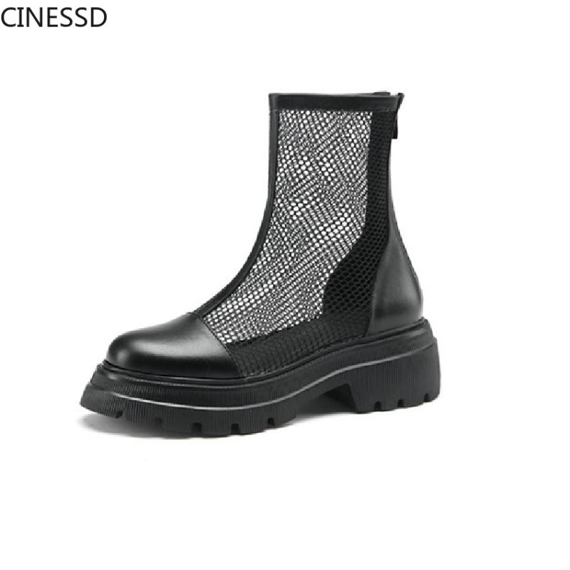 

Boots 2021 Women Genuine Leather Mesh Pumps Zipper Closure Female Cow Round Toe Square High Heel Shoes Size 34-40, Black